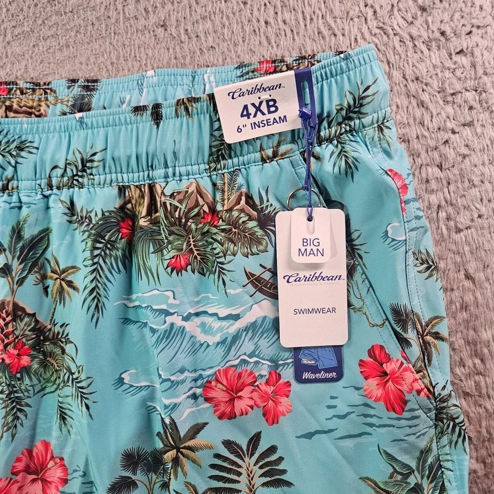 NWT Caribbean Swim Shorts Trunks Men's 4XB Lined Tropical Floral Island Palm Sea